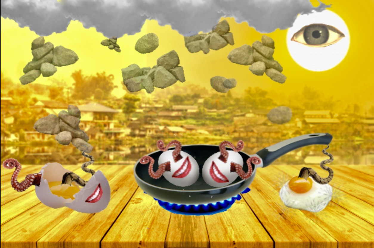 Sureelaist image of octopi, frying pans, eggs, and clouds