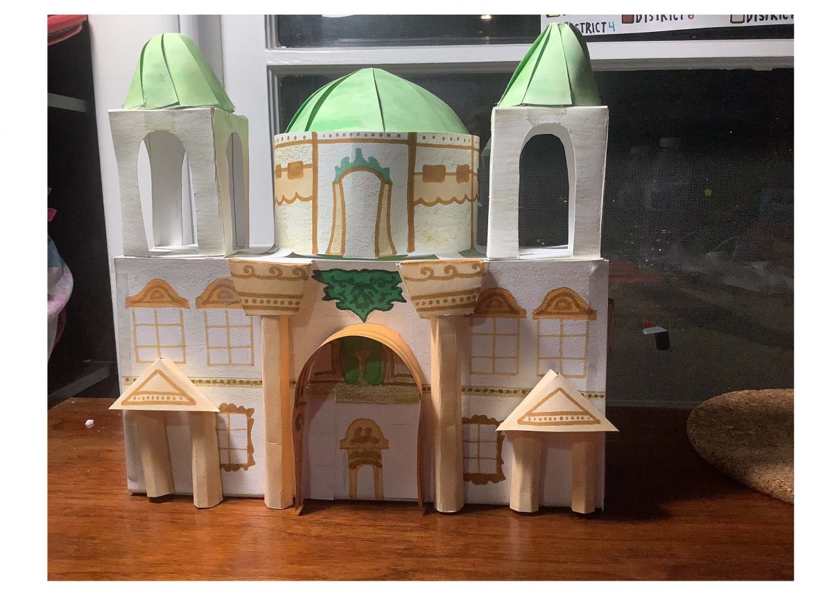 Photograph of a paper cathedral sculpture