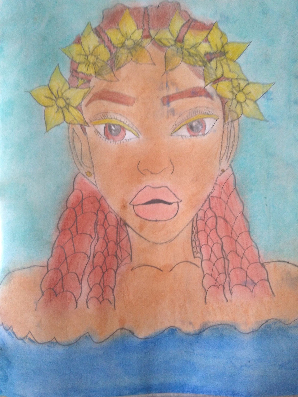 Drawing of aqua queen with yellow flowers in her hair