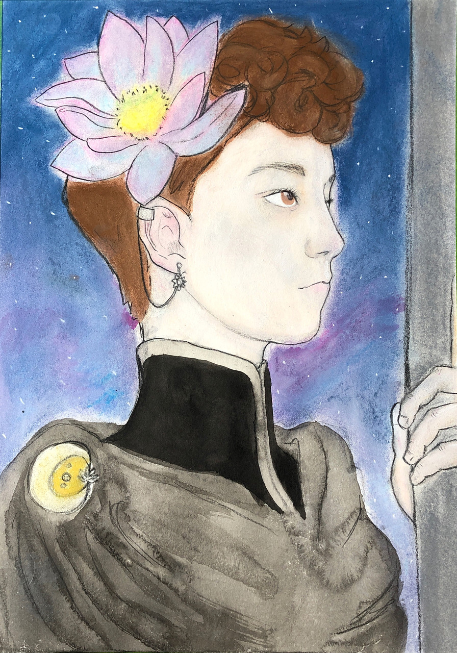 Sumi ink, chalk pastel, and graphite drawing of a woman with a flower in her hair