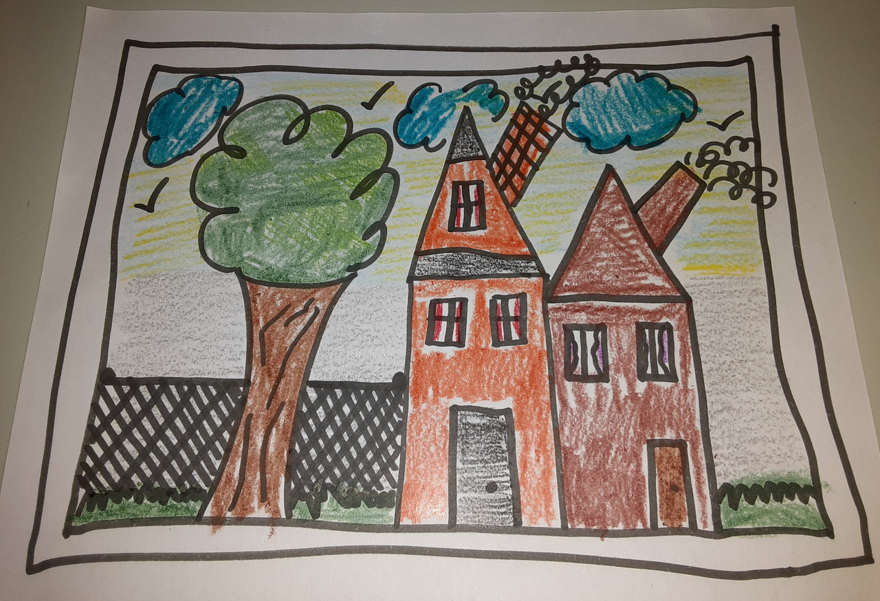 A drawing of two houses and a tree