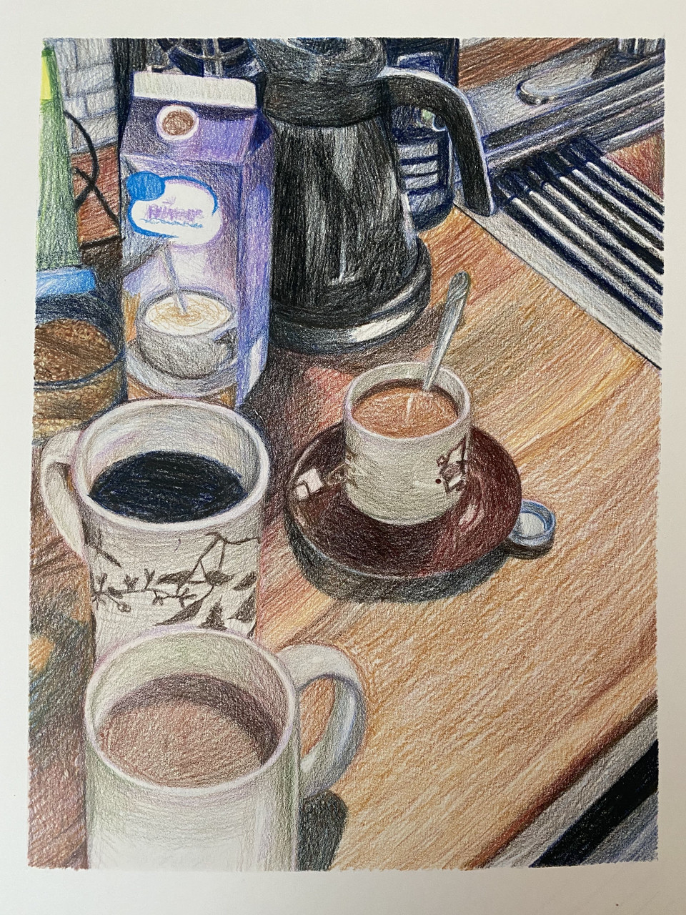 drawing of 3 coffees with different amounts of milk.