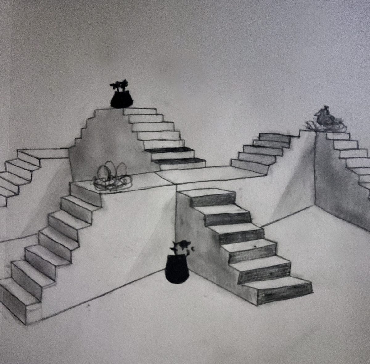 A pencil drawing of stair cases going nowhere