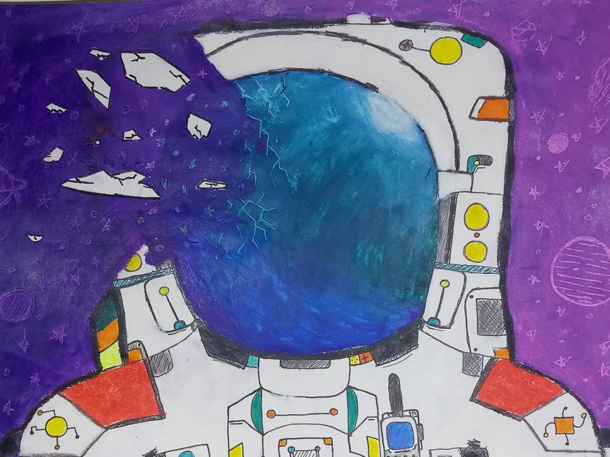 Drawing of astronaut helmet breaking apart