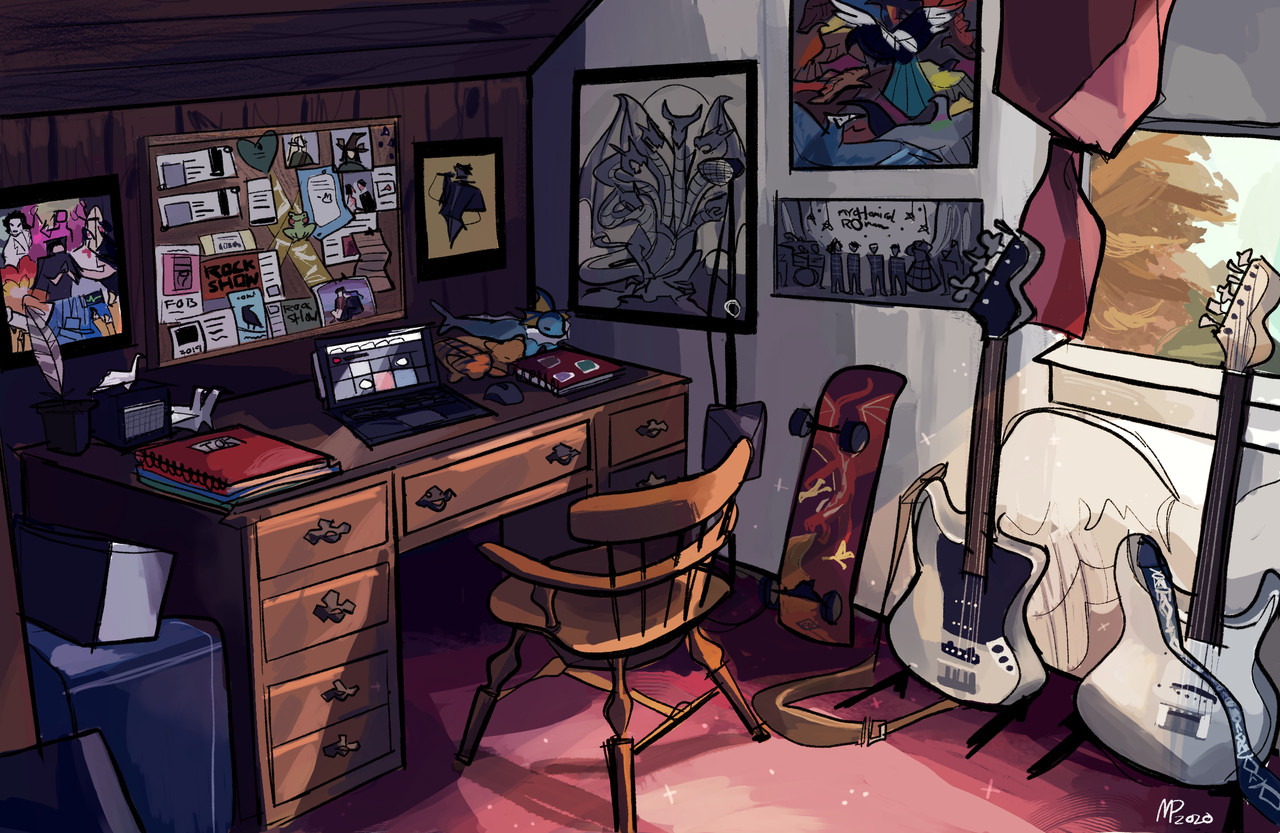 Digital drawing of a room with pink carpet. There is a wooden desk and chair, pictures on the wall, and a skateboard and guitar next to the desk.