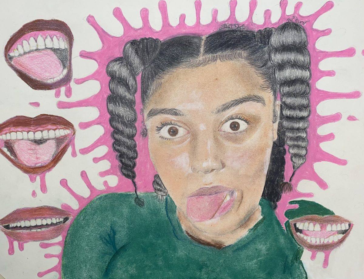 Drawing of a girl with mouths all around her