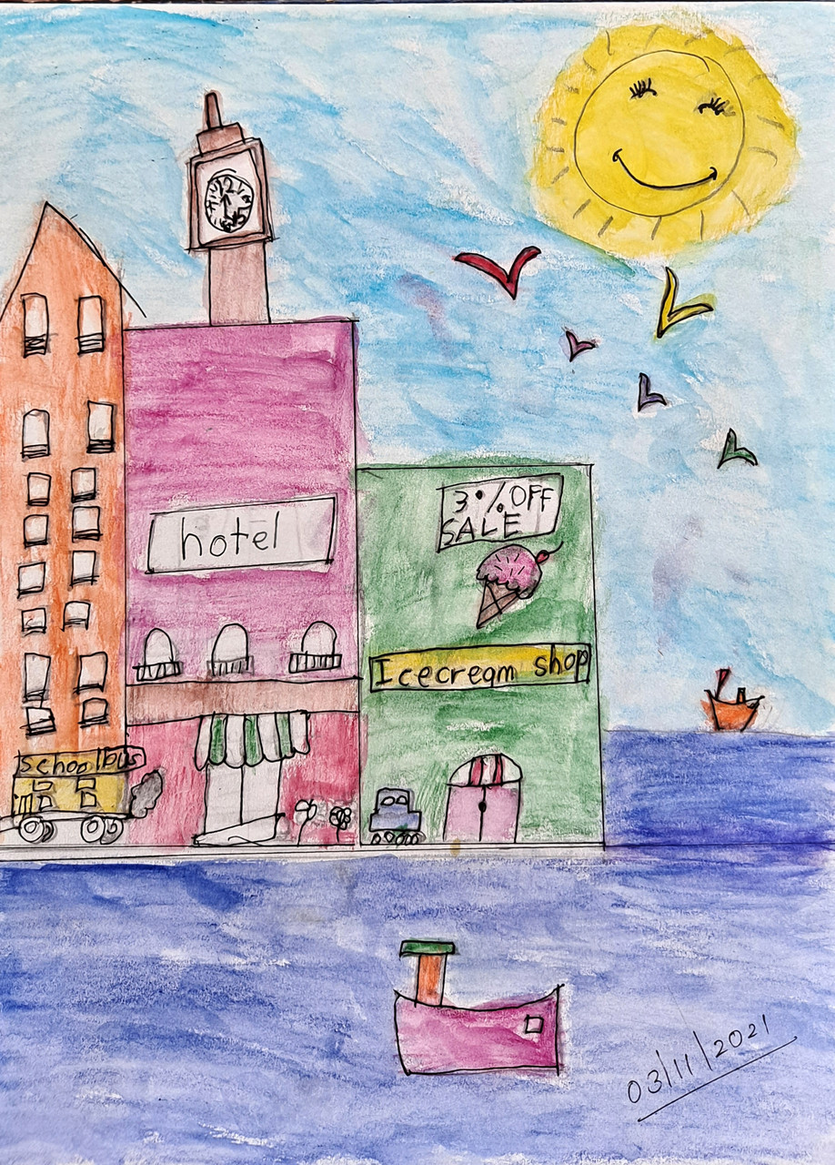 Drawing of buildings with birds and a yellow sun