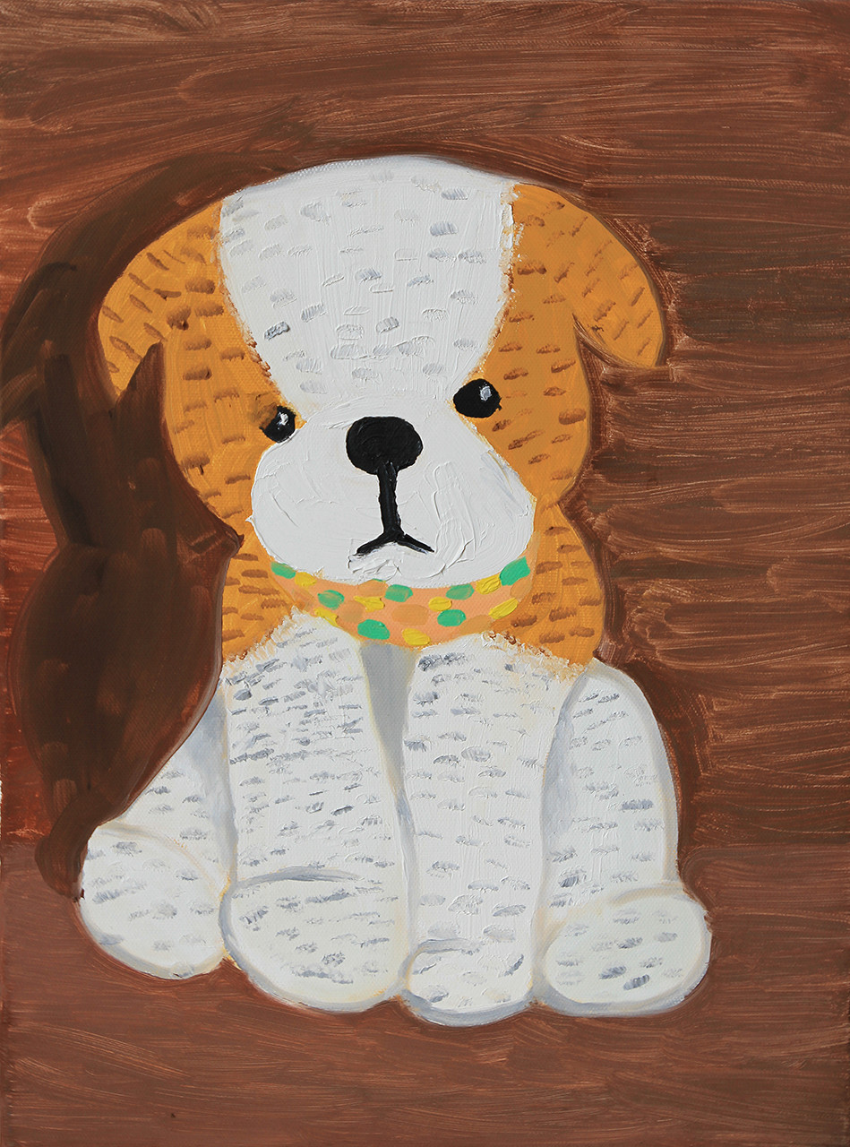 Painting of a dog stuffed animal with a brown background