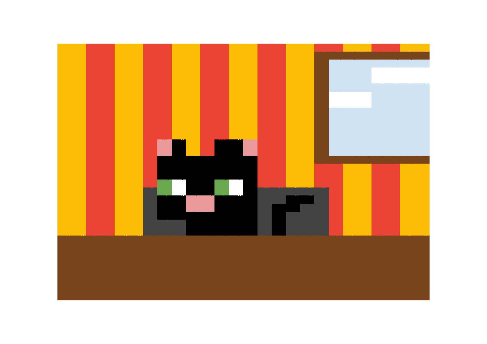 Low-fi digital drawing of black cat in front of red and yellow striped wall