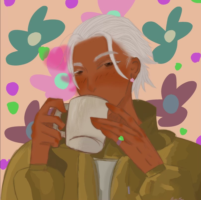 drawing of person with white hair wearing an olive green jacket, sipping from a coffee cup.