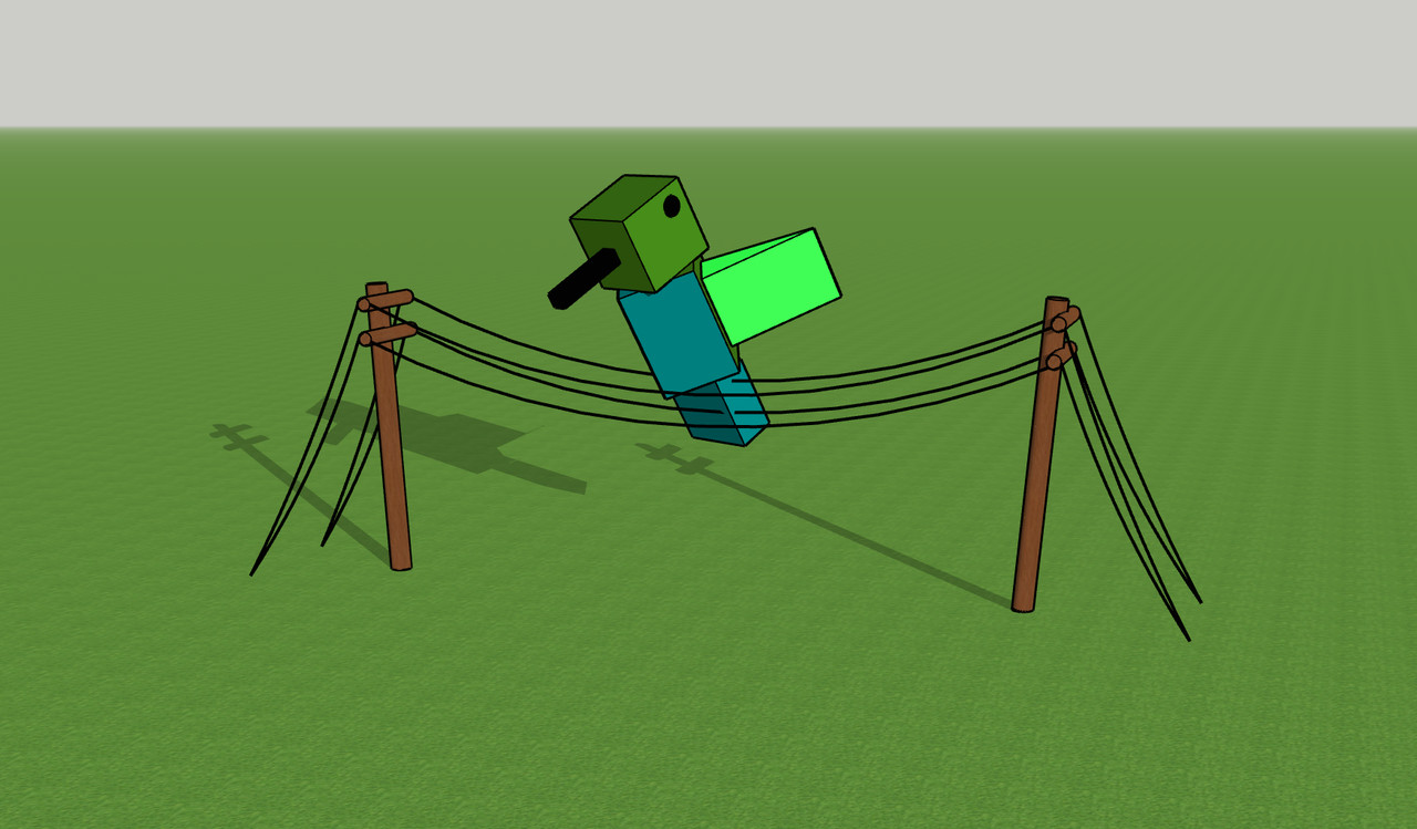 Digital illustration of a box robot figure hanging in telephone wires