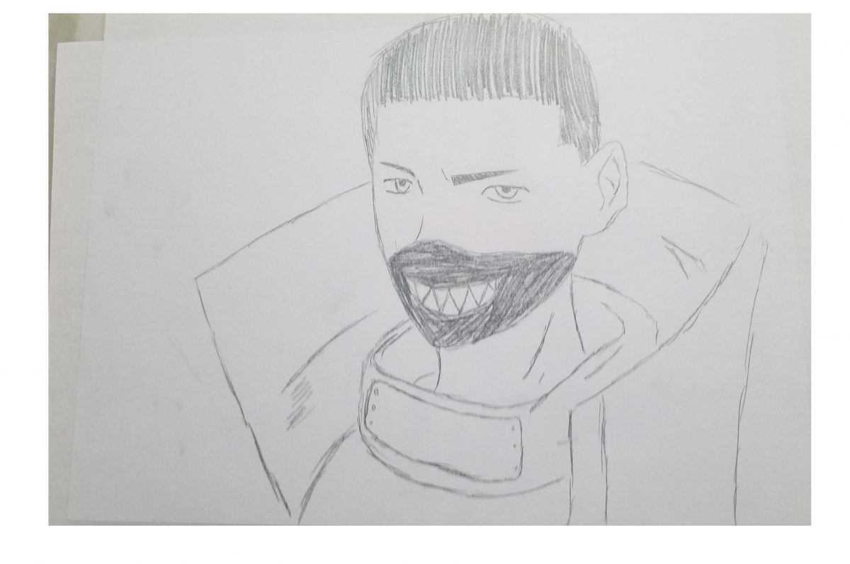 Pencil drawing of person wearing a face mask with teeth