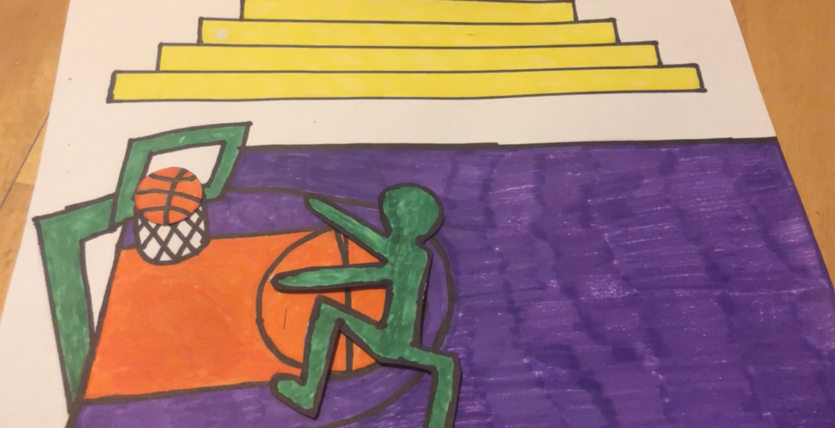 Stop motion animation of green person playing basketball