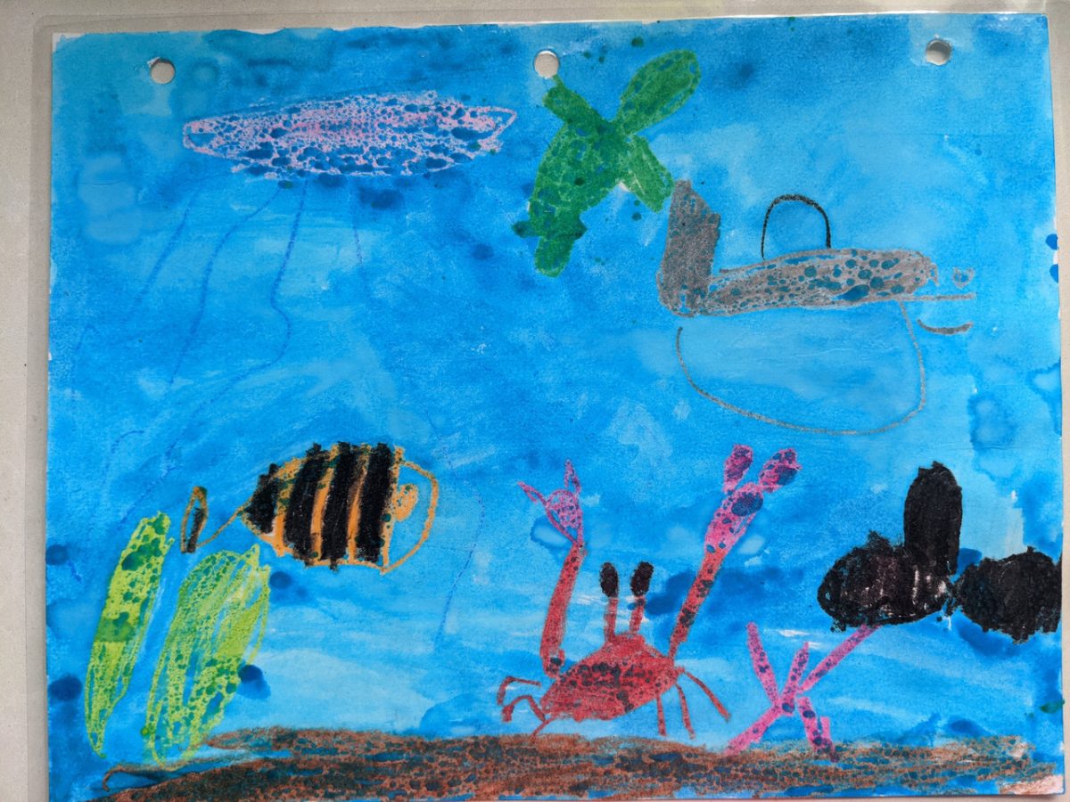 A painting of a crab and some fish at the bottom of the ocean