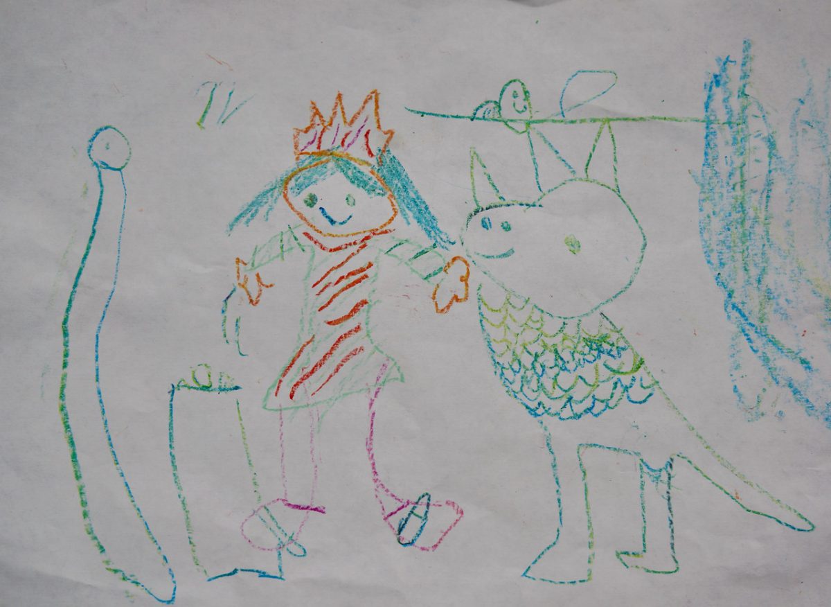Crayon drawing of a girl and a dragon
