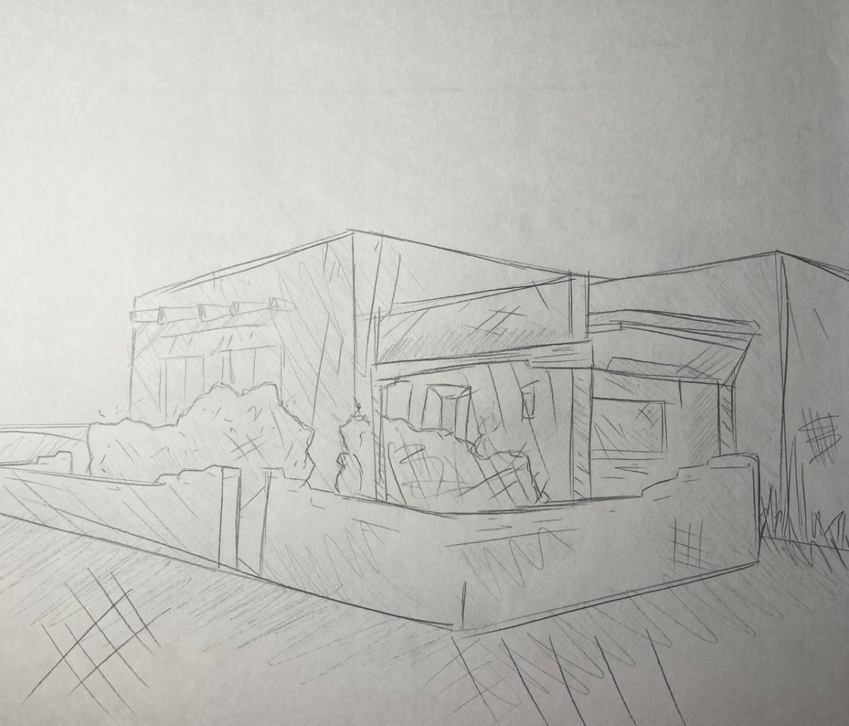 Graphite line drawing of a building