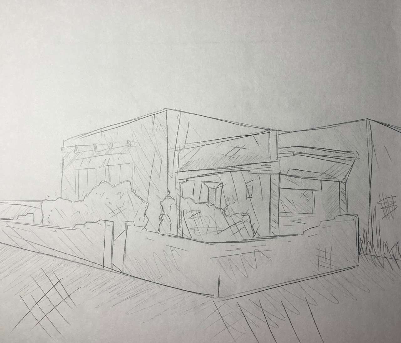 Graphite line drawing of a building