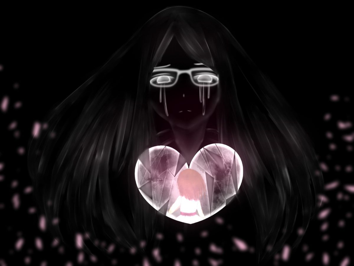 Black digital drawing of a girl with a heart scene in front of her