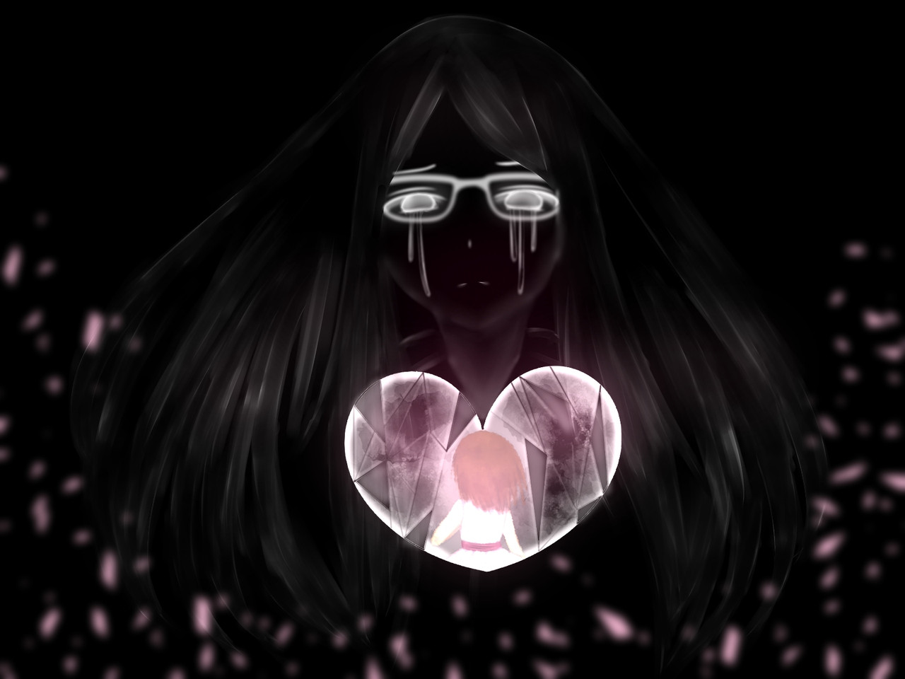 Black digital drawing of a girl with a heart scene in front of her