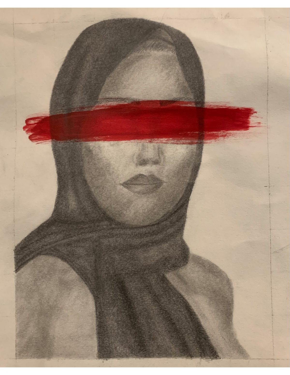Drawing of a woman wearing a headscarf with a red line across her eyes