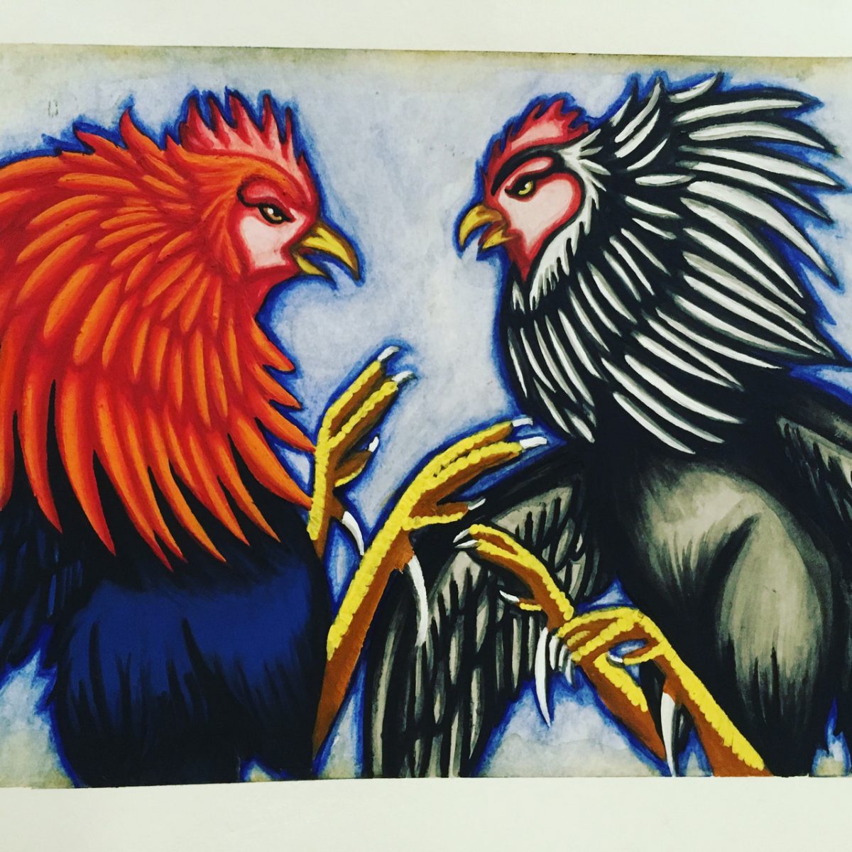 Painting of two roosters fighting