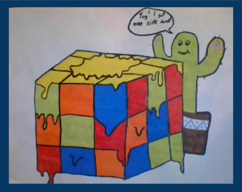 Drawing of a Rubik's cube with a cactus behind it