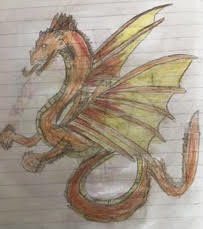 colored pencil drawing of yellow and orange dragon