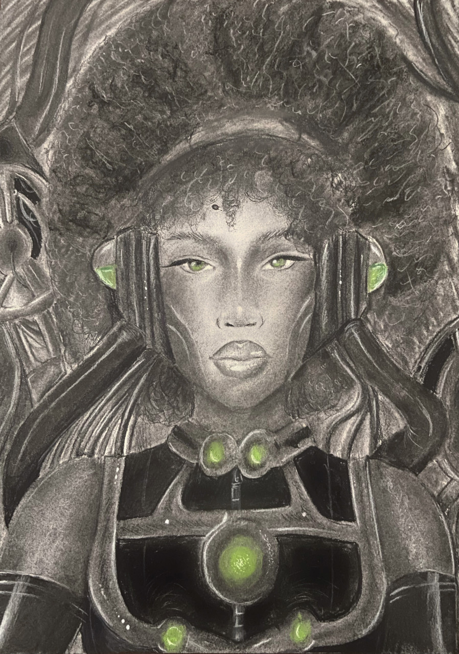 Black and white drawing of a robotic woman