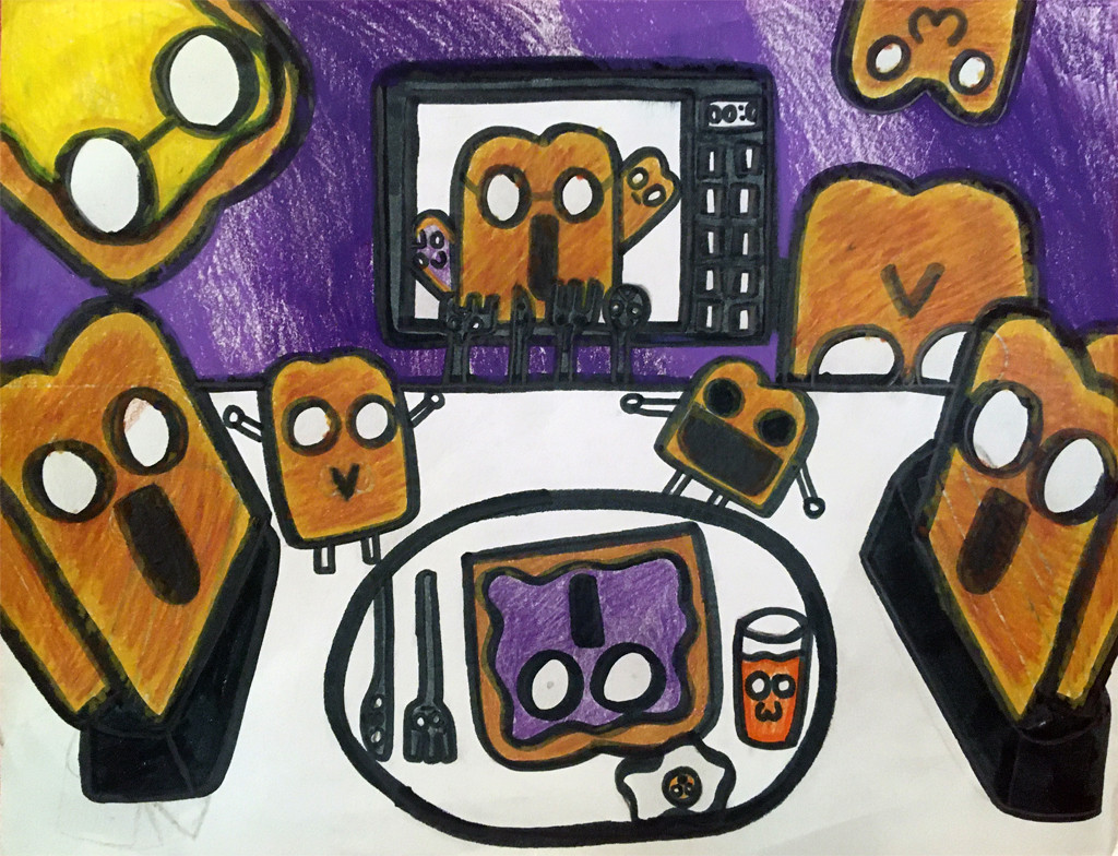 A drawing of pieces of toast all around a plate with toast with jelly on it