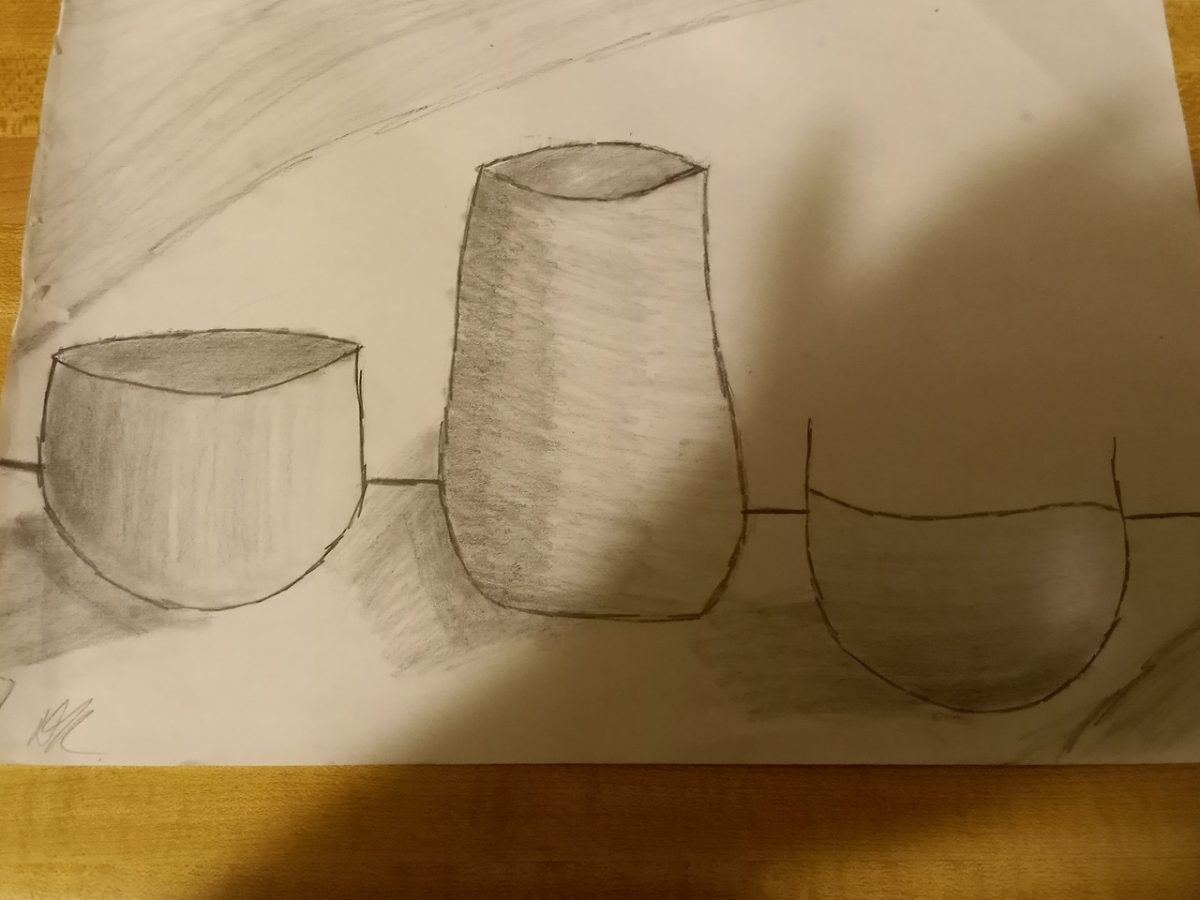 Three vases drawn with pencil and subtly shaded