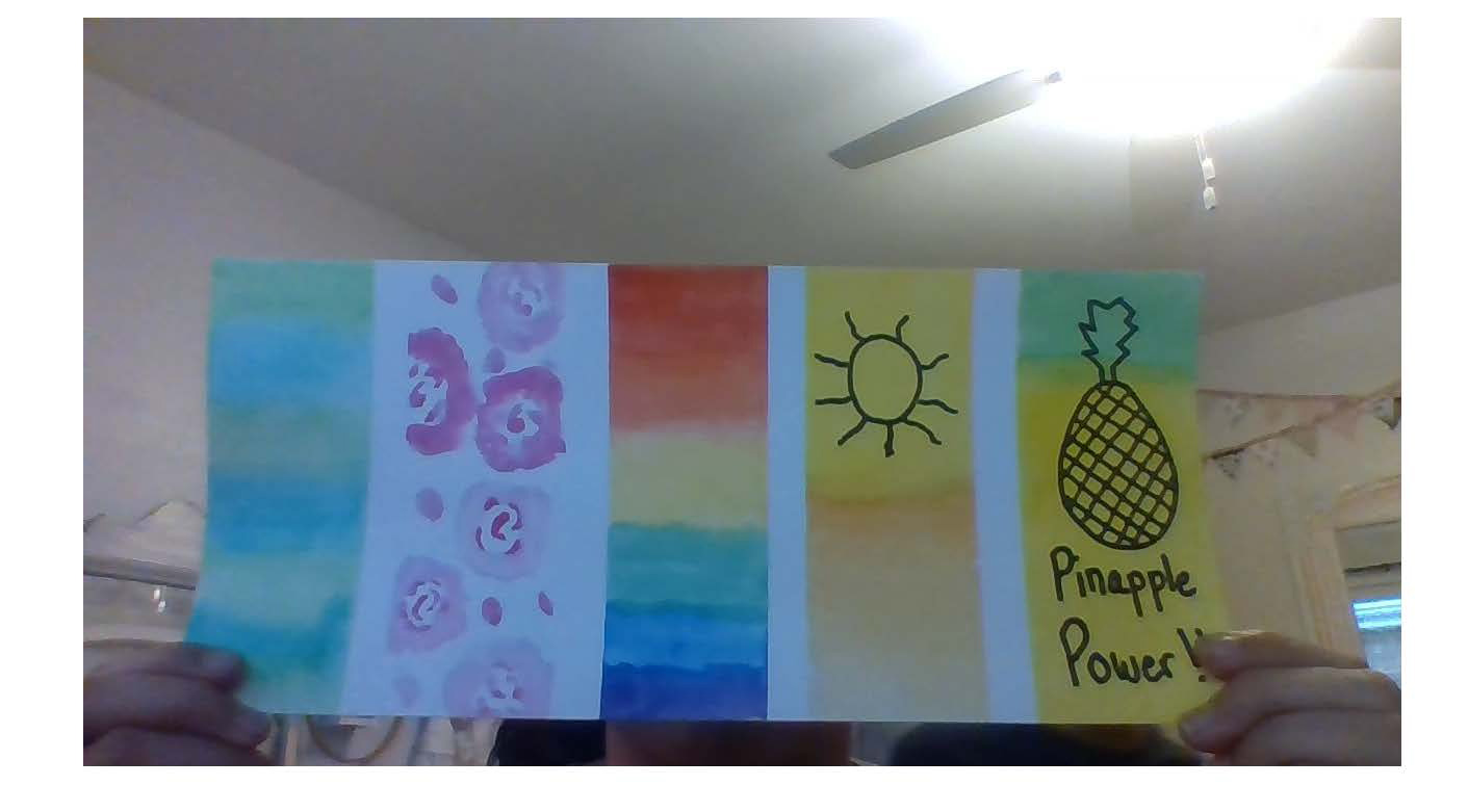 Striped watercolor painting with a rainbow and pineapple