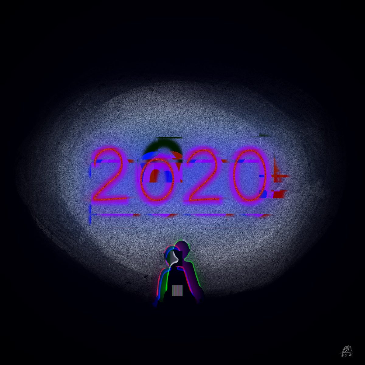 Drawing of person standing in front of a magenta "2020" spotlighted.