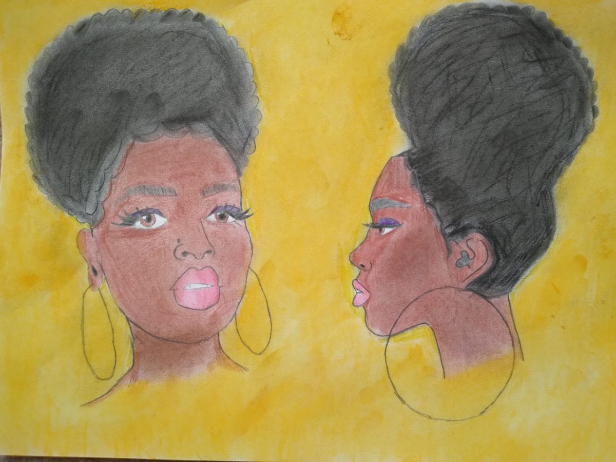 Side and profile drawings of a woman with big earrings on a yellow background