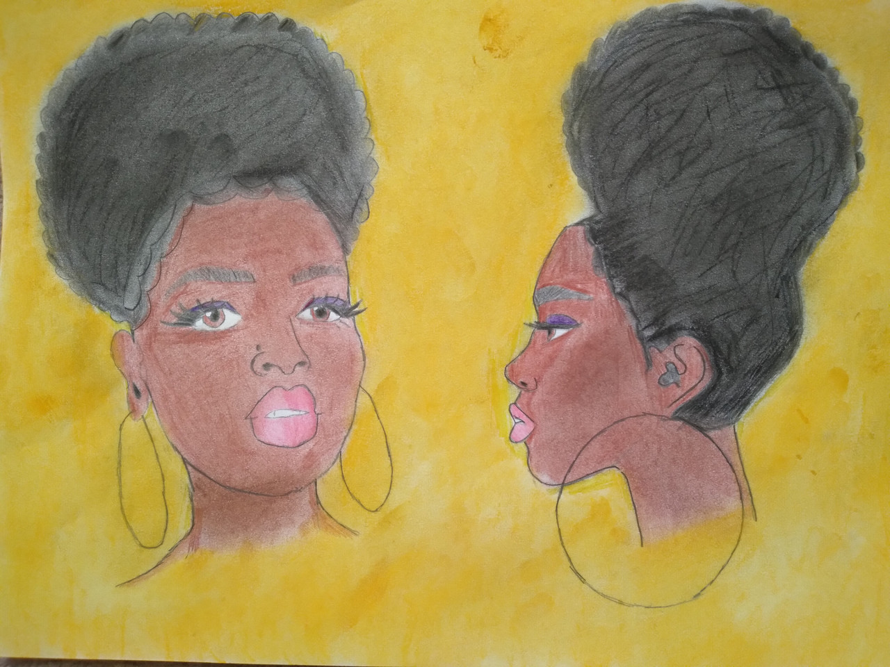 Side and profile drawings of a woman with big earrings on a yellow background