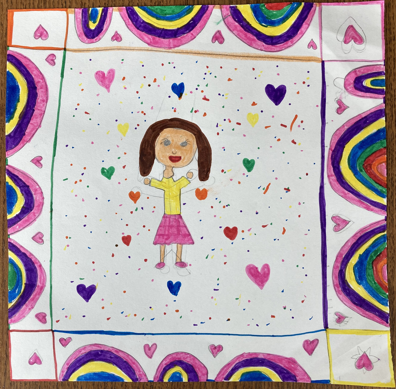 Drawing of a girl surrounded by hearts and decorations