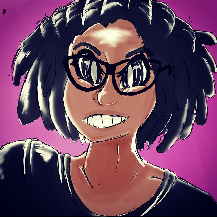 Portrait of a woman with glasses on a purple background