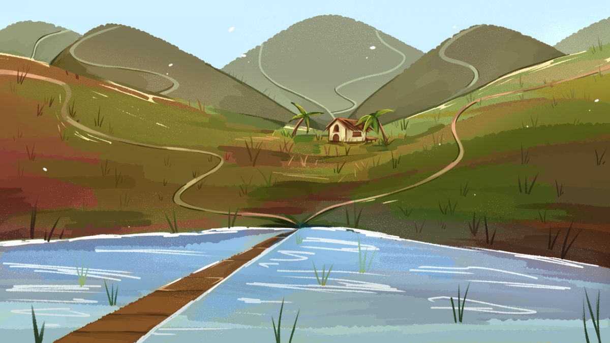 Digital drawing of a house on a hill in front of a lake