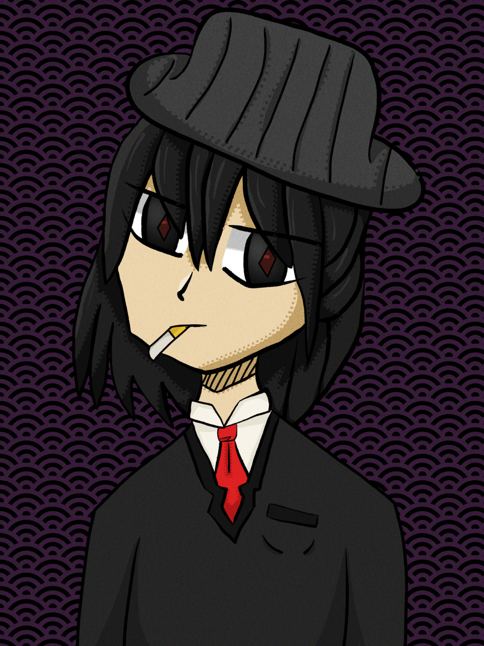 A digital drawing of a person with black hair, a black hat and a red tie