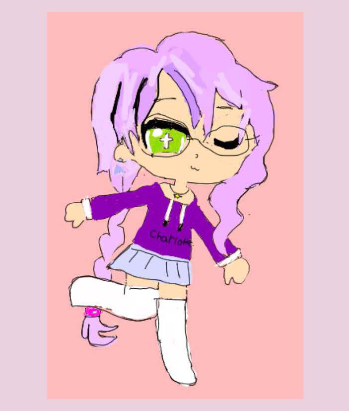 Drawing of person in tall white boots, in a purple skirt, glasses, and purple hair.