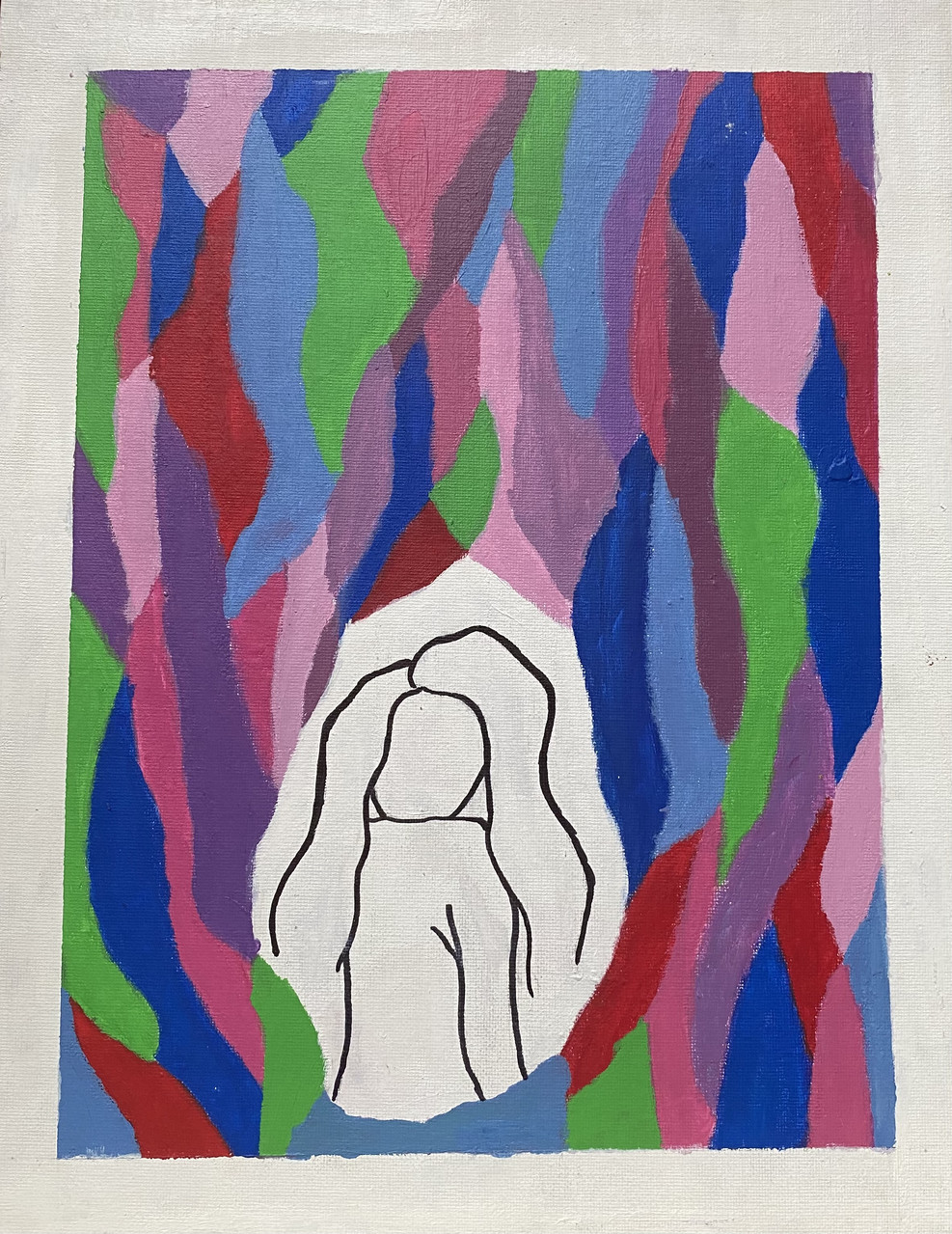 Line drawing of a woman with bright painted shapes in the background