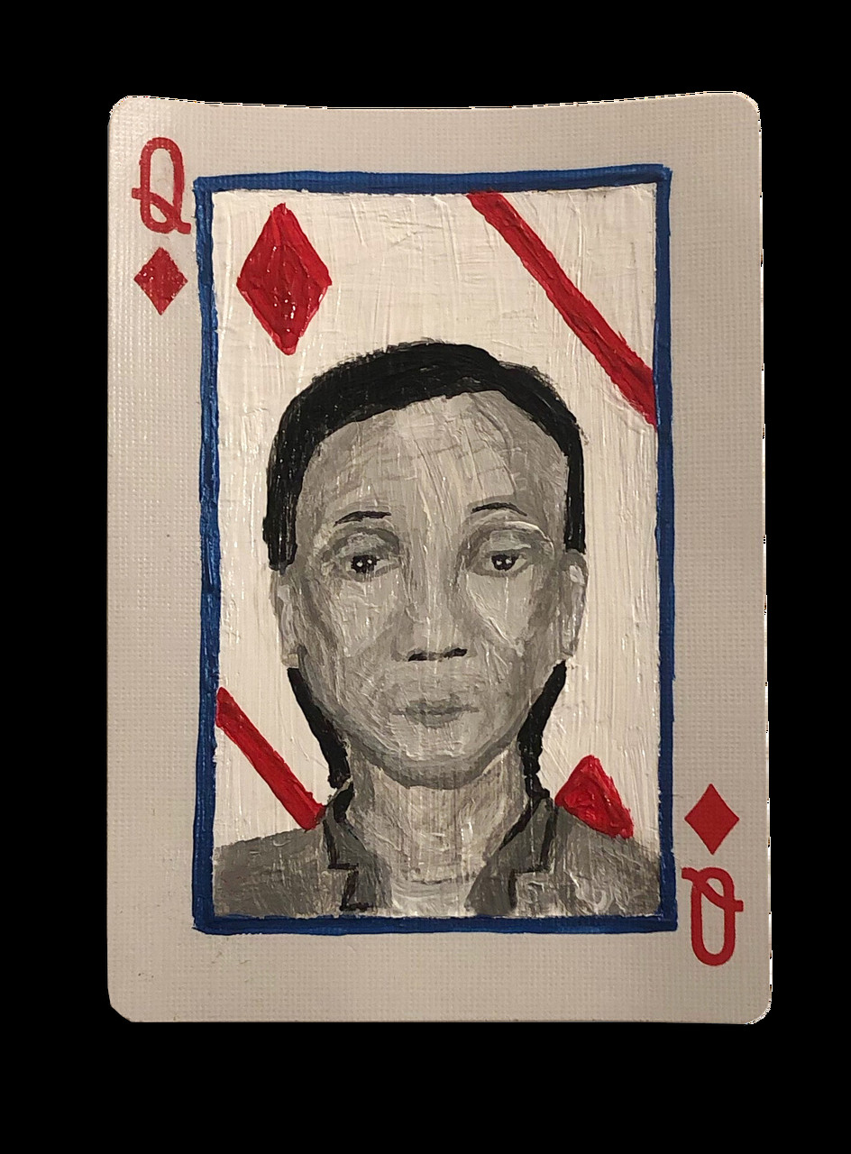 Painting of a playing card with a woman's face in the middle