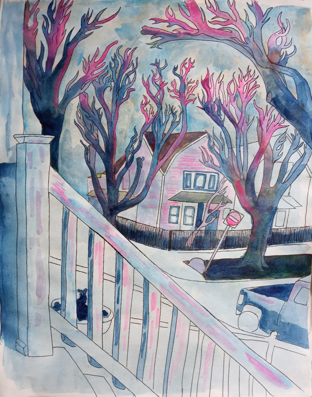 Pink and blue watercolor painting of a house with trees