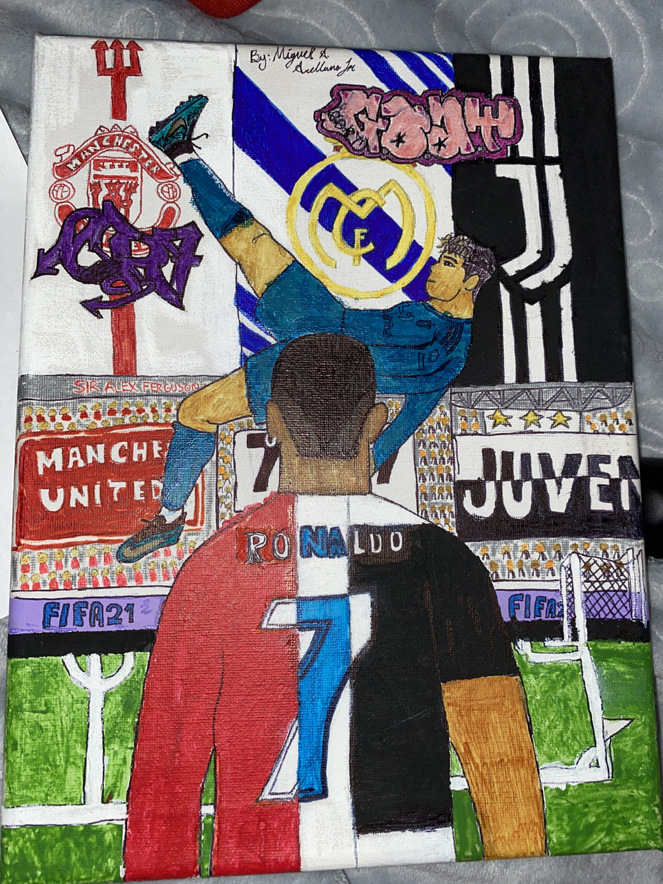 Painting of soccer players in a stadium