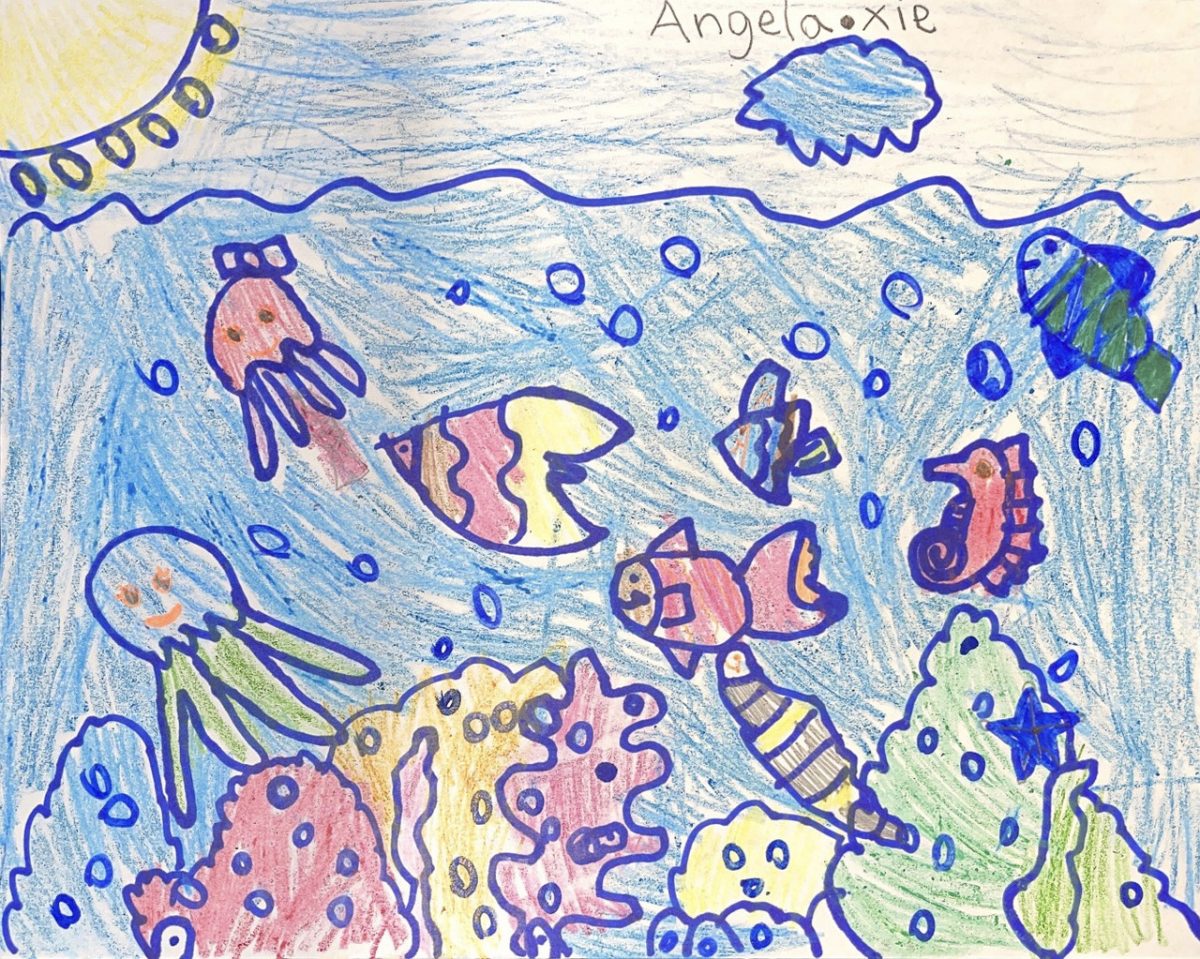 Colored pencil drawing of underwater scene.