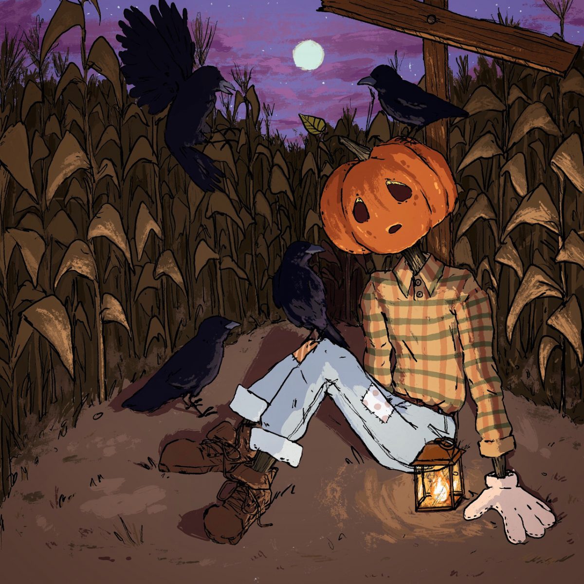 A picture of a person sitting on the ground in a cornfield with a pumpkin for a head