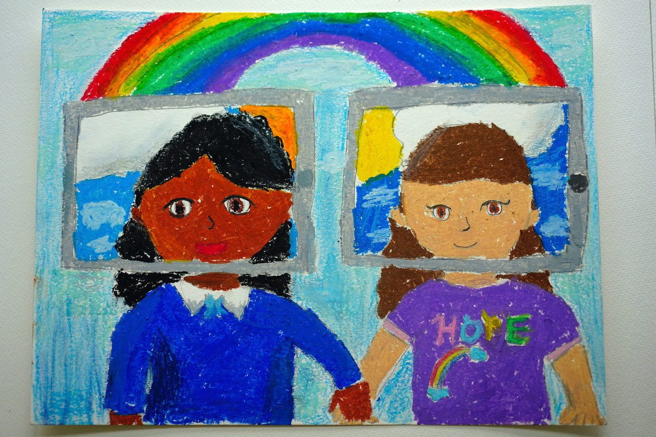Illustration of two people holding hands under a rainbow