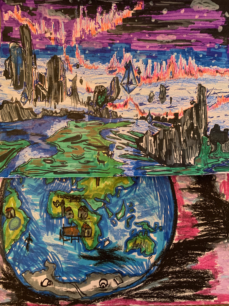 A colorful drawing of the earth and futuristic buildings under a purple sky.