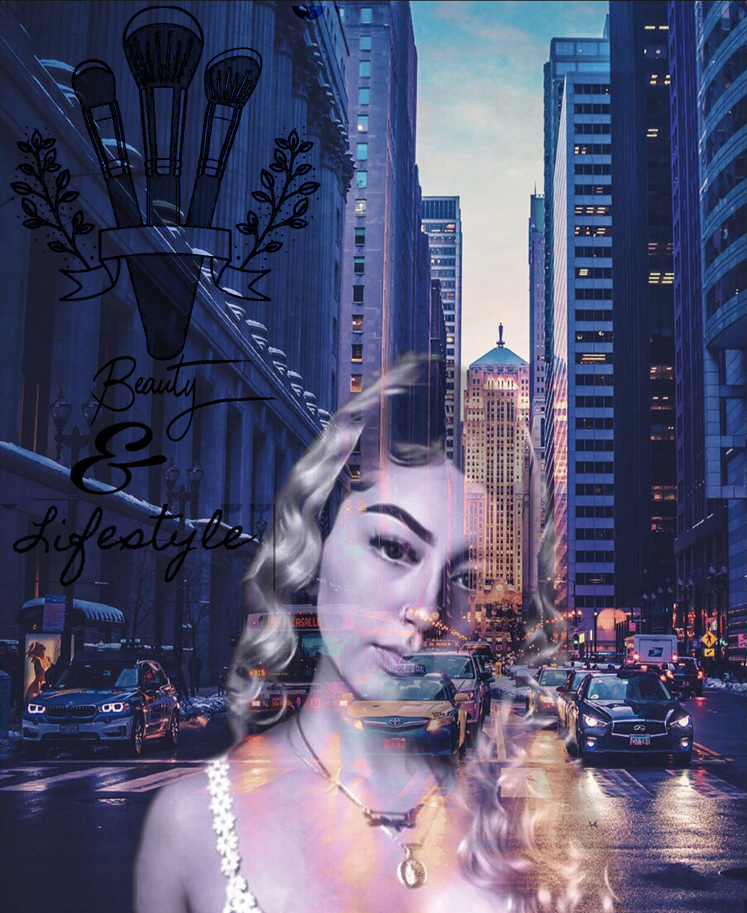 A double image of a girl in front of a city scene
