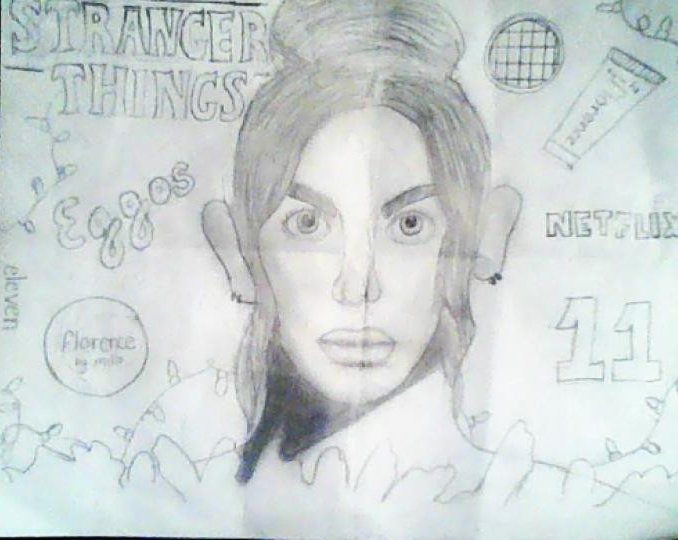 Drawing of a girl with big ears and words and pictures in the background
