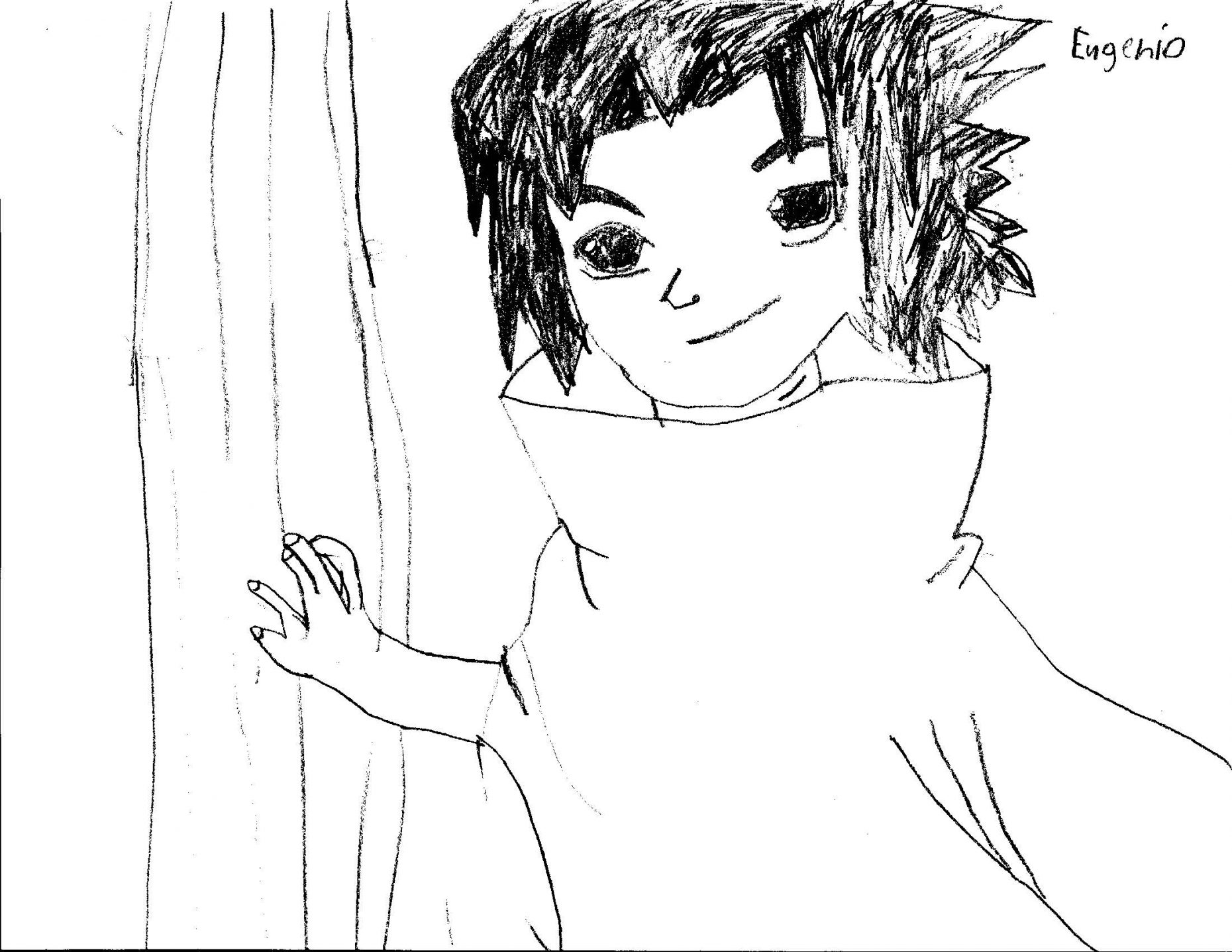 Pencil drawing of person leaning on something.